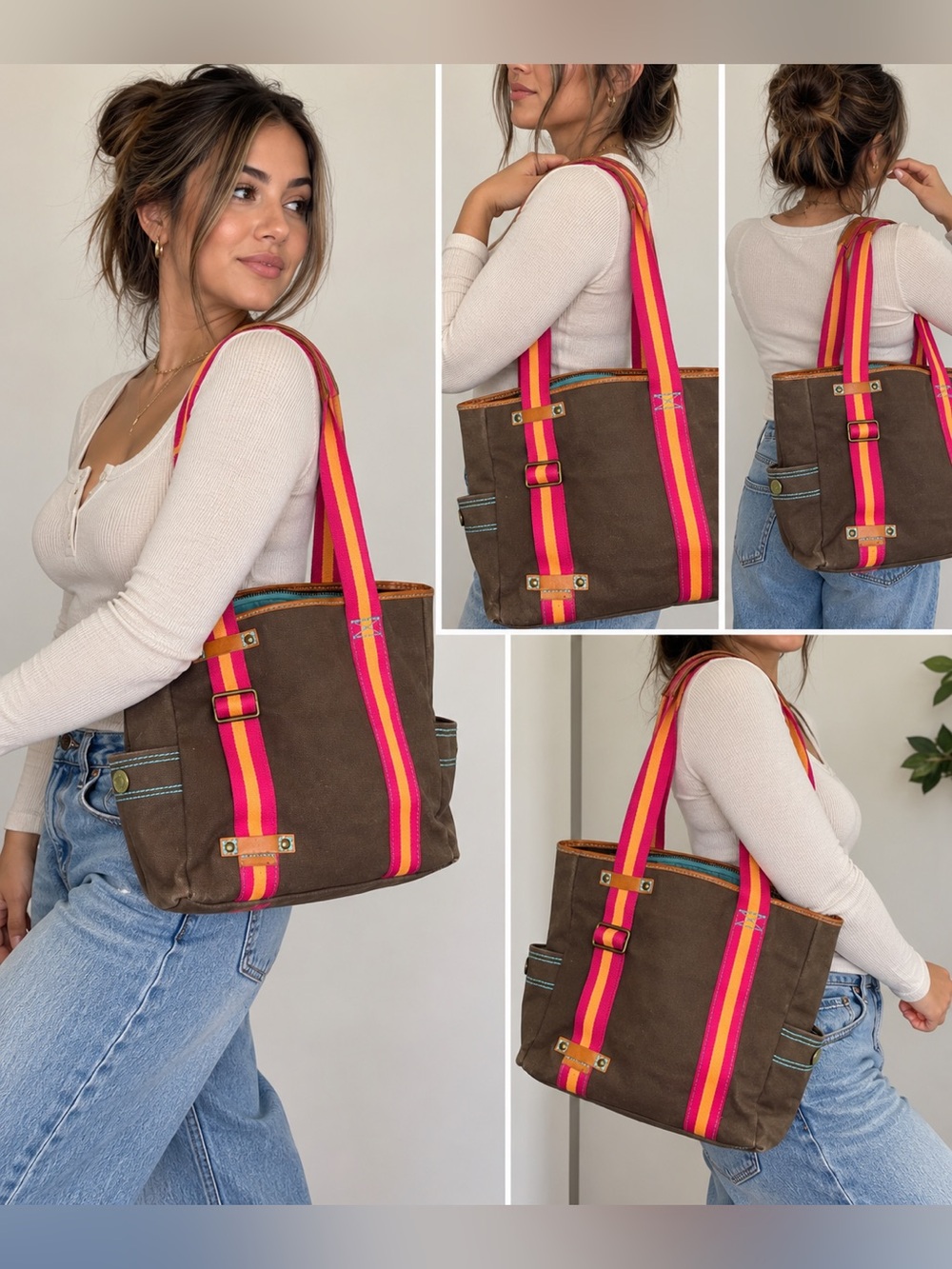 GAP Vintage Y2K Brown Canvas Tote Bag Pink Orange Striped Shoulder Bag